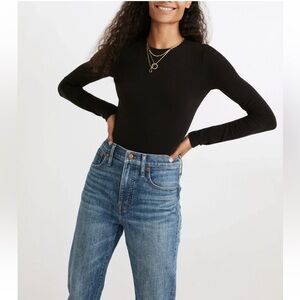 Madewell Women's Black Ribbed Long Sleeve Crewneck Bodysuit Sz XS Stretch